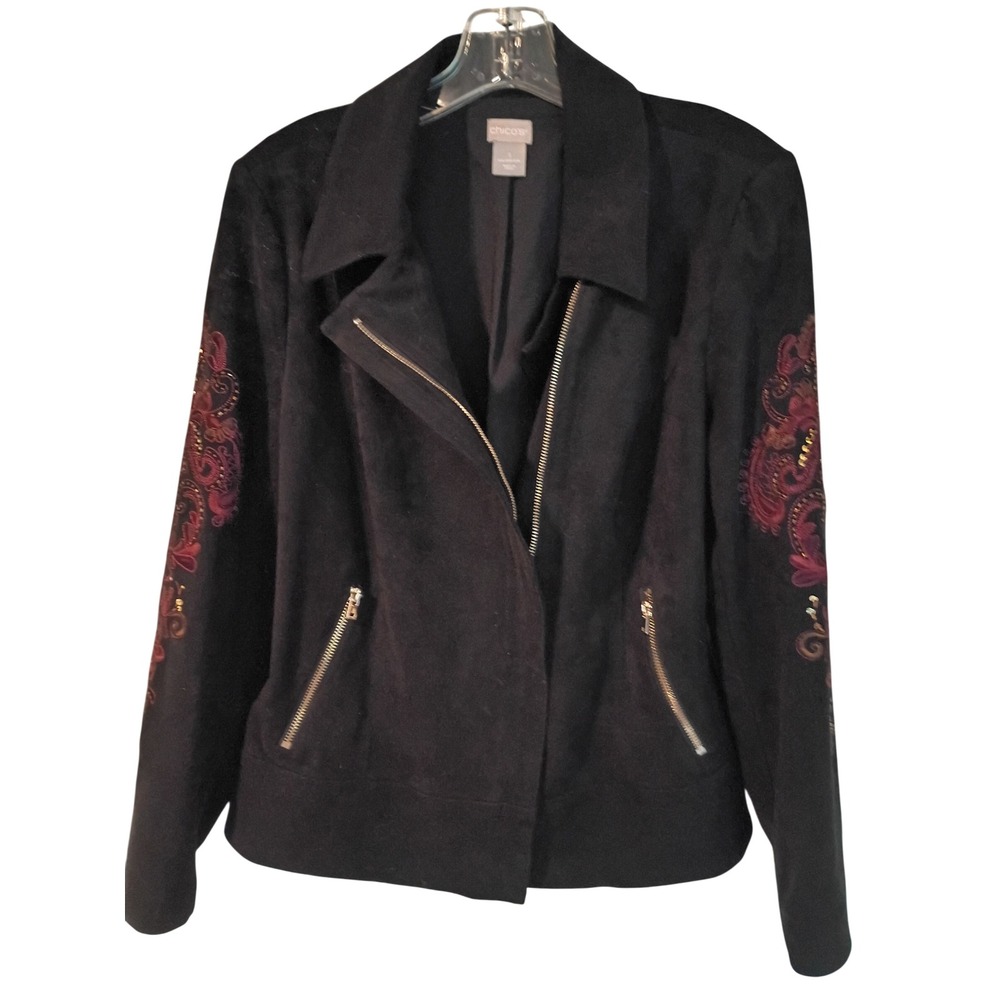 Chicos Faux Suede Embroidered Moto Jacket Black Paisley Beaded Size 1 US 8/10